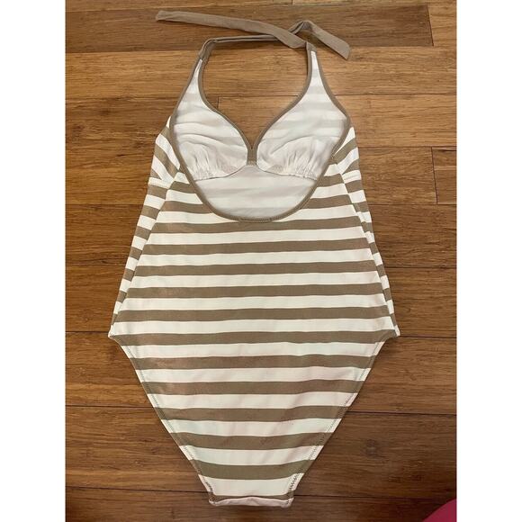 PEZ D'OR BARCELONA MATERNITY GOLD AND WHITE STRIPE BATHING SUIT, SMALL 6/8 - Picture 3 of 5